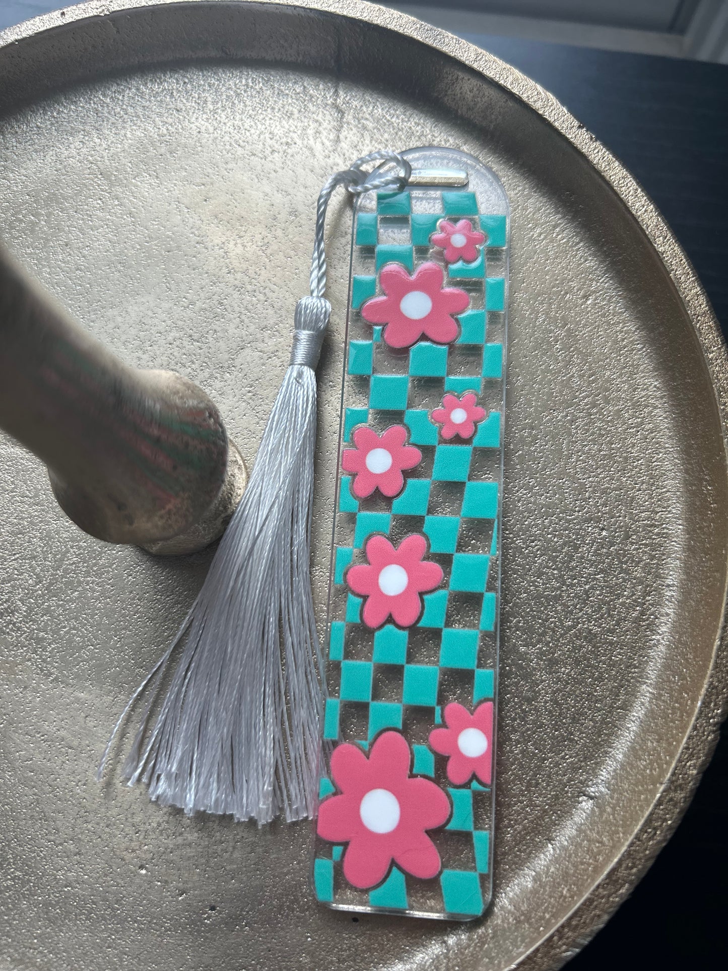 Bookmark - Teal Checkered and Pink Flower