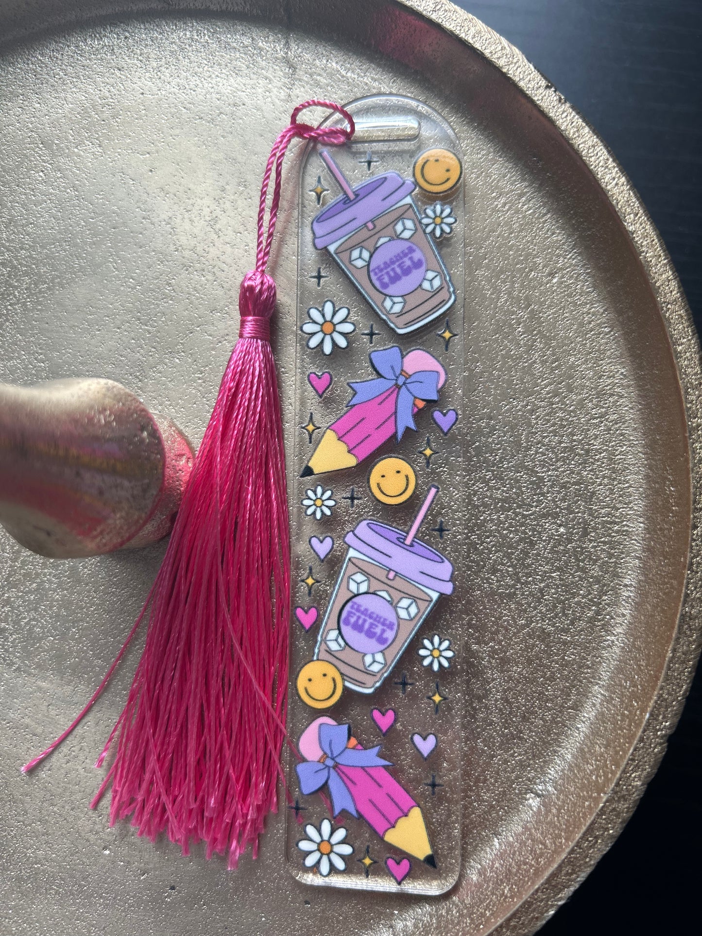 Bookmark - Teacher Fuel Iced Coffee, Smileys, Pencil and Bow
