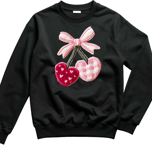 Faux Embroidered Cherry Hearts with Bow Sweater - ADULT