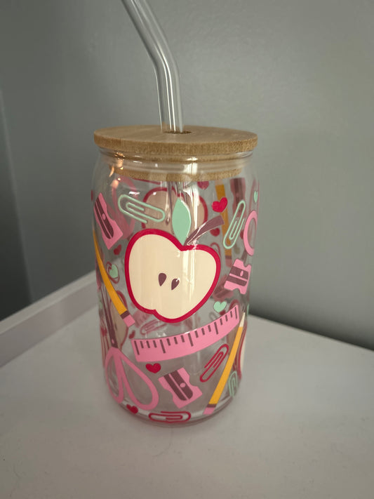 16 oz Glass Can Cup - School Apples & Rulers